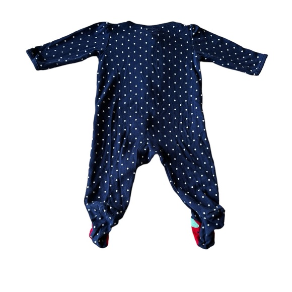 3/$20 CARTER’S Child of Mine 3-6M Navy Polka Dot Strawberry Sleeper Footie - Picture 2 of 3